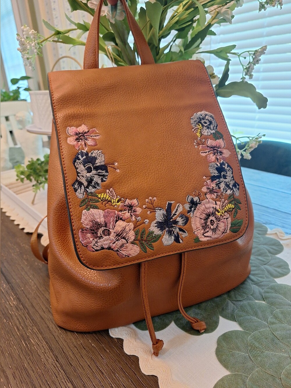 Source Unknown Tan Backpack with Pink & Navy Floral Embroidery